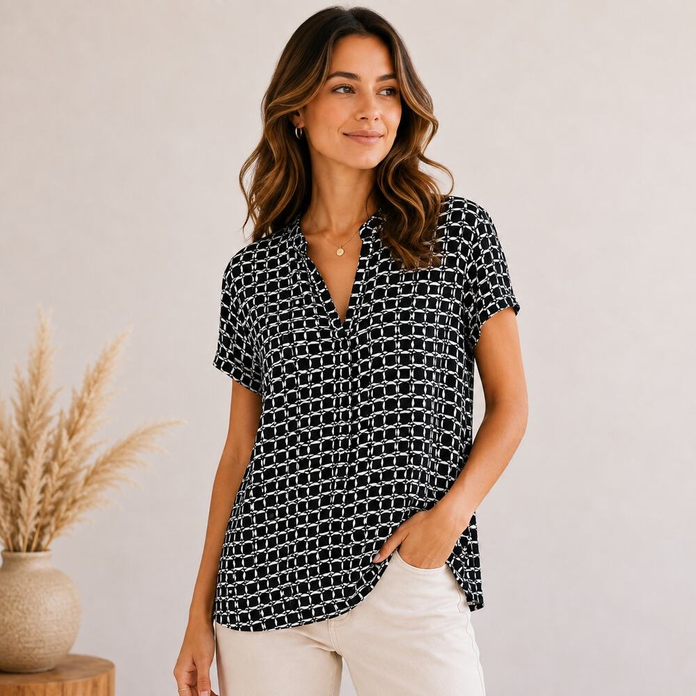 Susan Graver Liquid Knit Blouse Women's Size XL Black Circles Office Casual Boho